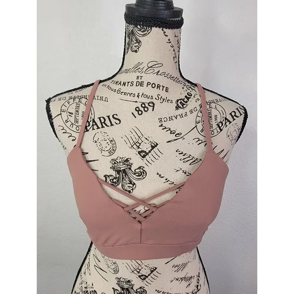 Alo Yoga Sport Bra Womens Small V Neck Cross Back Blush Pink Logo